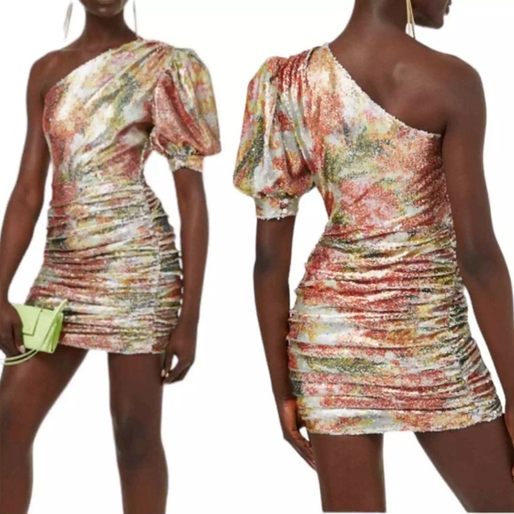 NWT RONNY KOBO MULTI COLOR ONE SHOULDER PUFF SLEEVE MINI DRESS SIZE M - Picture 3 of 9